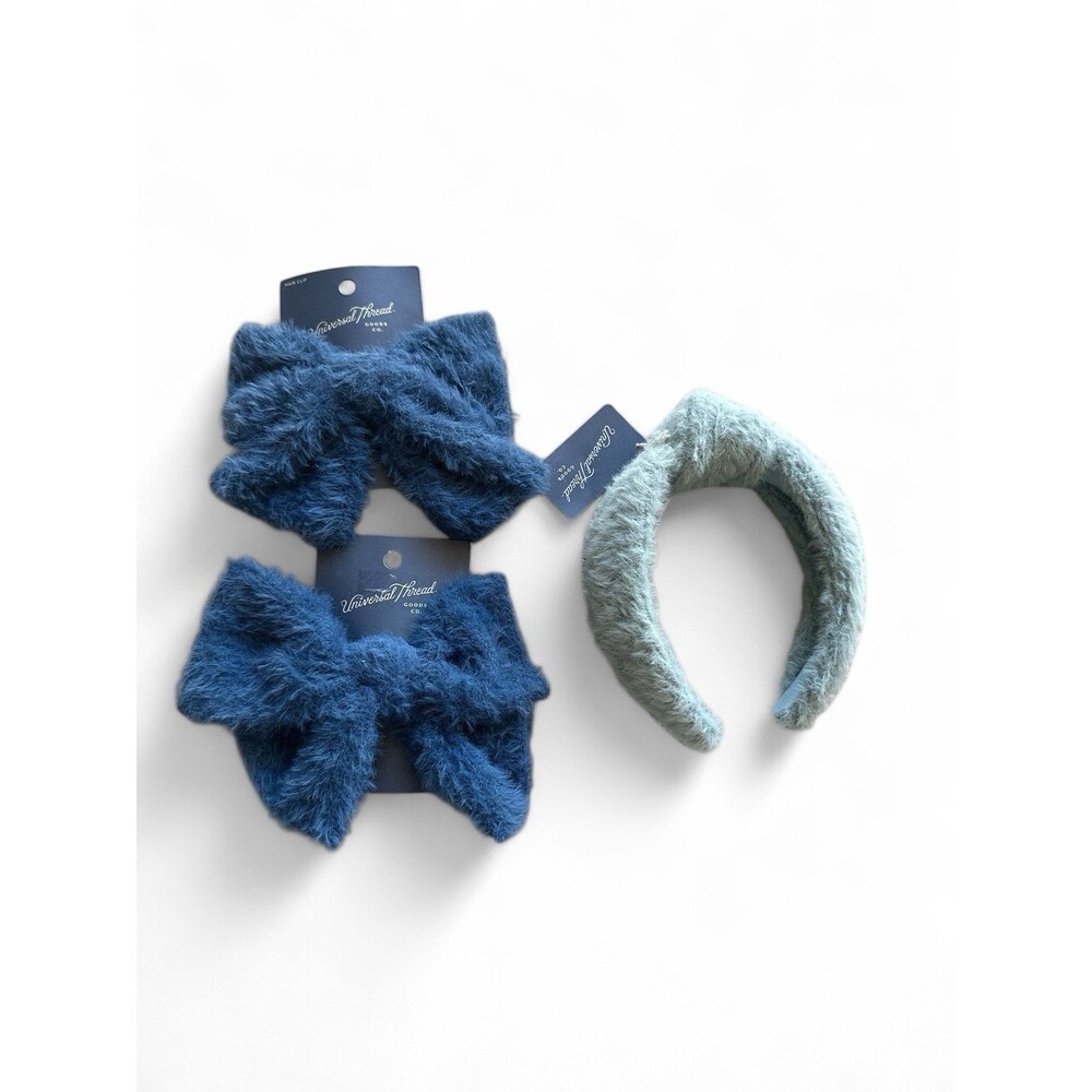 NWT Universal Thread Blue Faux Fur Headband And Bows 3pc $26 Retail